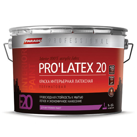 Краска латексная PARADE E20 ProLatex 20, полуматовая, база А, 9 л